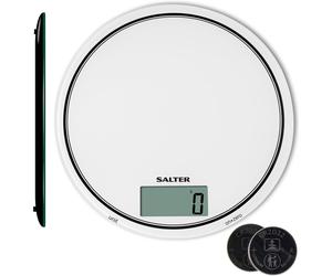 Salter 1080 WHDR12 Digital Kitchen Scale 5KG - Touch Sensitive, Zero Add & Weigh, Measures Liquids, Easy Clean Glass, g/oz, White, New