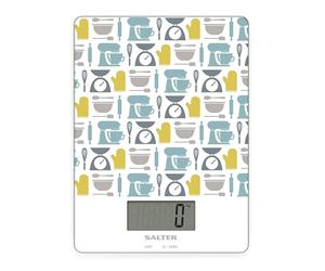 Salter 1102 GNBLDR Electronic Kitchen Scale, Digital Food Weighing Scales, Easy Clean Glass, Multifunctional For Liquids/Fluids, Baking Gadget Print, 5kg Capacity, 15 Year Guarantee, Battery Included