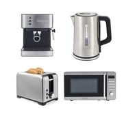 Salter 4-Piece Stainless Steel Breakfast Countertop Set - 1.7L Kettle & 2-Slice Toaster, 20L Digital Microwave with 60 Minute Timer, Manual Espresso Machine with Milk Frother, Silver