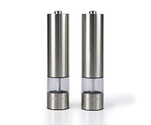 Salter 7522 SSTUR Electric Salt & Pepper Grinder Set - Stainless Steel Mills, Push Button Operation, Battery Powered, Ceramic Mechanism, Adjustable Fine to Coarse Grind, 66g Sea Salt/30g Peppercorns