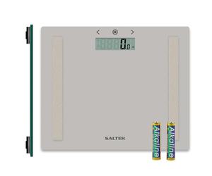 Salter 9113 GY3R Digital Bathroom Scale - Analyser Body Weight Scale, Max 150kg, Measure Weight/Body Fat & Water, BMI, Toughened Glass Platform, 8 User Memory, Athlete Mode, Slim Storage Design, Grey