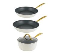 Salter Aerotech 3-Piece Pot & Pan Set - 24/28 cm Frying Pan, 18 cm Saucepan with Glass Lid, 30 x Tougher Non-Stick Coating* Oven Safe, Induction Suitable, Metal Utensil Safe, Forged Aluminium, Cream