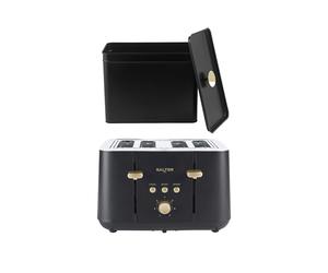 Salter Alchemy Bread Bin & Toaster Set - Carbon Steel Powder Coated Large Bread Box,4-Slice Toaster with 7 Levels of Browning, Wide Slots, 1850W, Kitchen Storage for Loaves & Pastries, Black/Gold