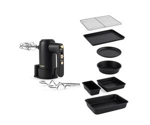 Salter Alchemy Hand Mixer & Bakeware Set - Easy-Store Hand Mixer with 5 Speed Settings and 300W Power, Storage Base Included, Stackable 7-Piece Non-Stick Bakeware Set, PFOA Free, Compact Storage