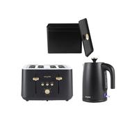 Salter Alchemy Kettle, Toaster & Bread Bin Set - 4-Slice Toaster with 7 Levels of Browning, BPA-Free 1.7L Electric Kettle with 3kW Rapid Boil, Carbon Steel-Coated Bread Bin with Lid, Black/Gold