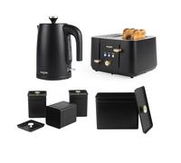 Salter Alchemy Kettle, Toaster & Full Countertop Set - 4-Slice Wide Slot Toaster, 1.7L Rapid Boil Kettle, 3pc Canister Set for Tea, Coffee and Sugar, Carbon Steel Powder-Coated Bread Bin with Lid