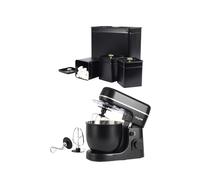 Salter Alchemy Stand Mixer & Countertop Set - Large Baking Whisk with 5L Mixing Bowl, 1300W Power, 8 Speeds, Tea, Coffee, Sugar Canisters & Large Bread Bin, Powder Coated Carbon Steel, Black/Gold