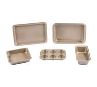 Salter Bakes 5 Piece Bakeware Set - Non-Stick Coated Roaster, Baking Tray, Square Pan, Loaf Tin, Muffin Tray, Oven Safe Up to 220°C, PFOA-Free, for Cake/Cookies/Bread/Muffins, Gold