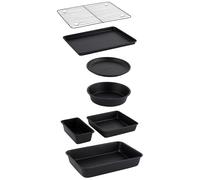 Salter Bakes Bakeware Set, 7 Piece Stackable | Non-Stick PFOA-Free Coating, Oven Safe To 220°C, Includes Tray, Tins, Loaf Pan, Roaster, Cooling Rack, Black Finish