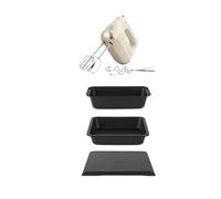 Salter Bakes Hand Mixer & Bakeware Set - Includes 27 cm Loaf Pan, 32 cm Baking Tray, 23 cm Square Pan, Non-Stick Carbon Steel, Electric Baking Whisk with 5 Speeds, Stainless Steel Attachments