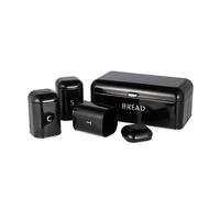 Salter Boston Countertop Set, 4 Piece Bread Bin and Canisters | Carbon Steel Tins, Embossed Bread Tea Coffee Sugar Labels, Gloss Black With Chrome Accents, Wipe Clean Finish, 4 Piece Set