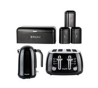 Salter Boston Kettle, 4-Slice Toaster, 4-Piece Canister & Bread Bin Set - 1.7L Rapid Boil Kettle, Extra Wide Slots Toaster, 6 Browning Levels, Durable Steel Storage, Black