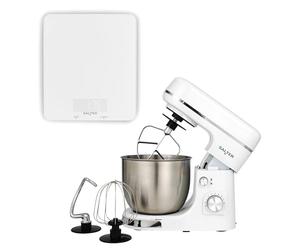 Salter Boston Stand Mixer & Kitchen Scale Set - 1300W Electric Food Mixer with 5L Stainless Steel Bowl, Beater & Dough Hook Attachments, 5kg Aquatronic Scale with Easy-Read Display, White Shimmer