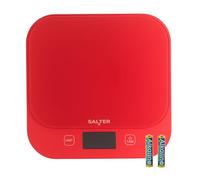 Salter British Bakes Digital Kitchen Scale - Red Baking Scale with High 10kg Capacity, Measures Liquids, Waterproof, Add & Weigh Tare Function, Tempered Glass Platform, 1g Precision, Backlit Display