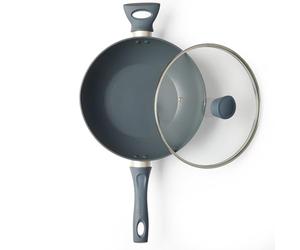 Salter BW12267EU7 Marino 28cm Non-Stick Wok - Stir Fry Pan, Induction Safe, Includes Tempered Glass Lid & Vents, Little/No Oil, PFOA-Free, Soft-Touch Handles, Forged Aluminium, Blue Grey