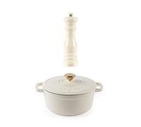 Salter Chester Cast Iron Casserole & Mill Set - 3.4L Cap., 24cm Dutch Oven/Stock Pot with Single Manual Twist, Refillable Salt & Pepper Grinders, Enamel Coated, Self-Basting Lid, PFAS-Free, Cream