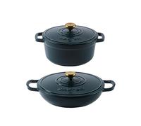 Salter Chester Cast Iron Casserole Set - 24cm & 30cm Dutch Oven/Stock Pots, Self-Basting Lids, Enamel Coated Cast Iron, Hob to Table Cooking, Oven Safe to 240°C, Induction Compatible, PFAS-Free, Green