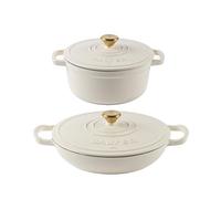 Salter Chester Cast Iron Casserole Set - 24cm & 30cm Dutch Oven/Stock Pots, Self-Basting Lids, Enamel Coated Cast Iron, Hob to Table Cooking, Oven Safe to 240°C, Induction Compatible, PFAS-Free, Cream