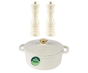 Salter Chester Cream Casserole Pot & Mill Set - 24cm Cast Iron Dutch Oven/Stock Pot with Adjustable Ceramic Salt & Pepper Grinders, Enamel Coated, Induction & Oven Safe, PFAS-Free, High Gloss Acrylic