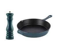 Salter Chester Mill & Frying Pan Set - Salt/Pepper Spice Grinder, 26cm Universal Skillet, Ceramic Grind, Adjustable from Fine to Coarse, Hob to Oven to Table, Induction Suitable, PFAS Free, Green