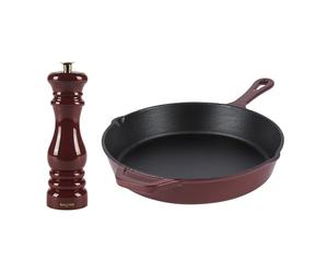 Salter Chester Mill & Frying Pan Set - Salt/Pepper Spice Grinder, 26cm Universal Skillet, Ceramic Grind, Adjustable from Fine to Coarse, Hob to Oven to Table, Induction Suitable, PFAS Free, Red