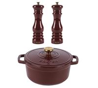 Salter Chester Red Casserole Pot & Mill Set - 24cm Cast Iron Dutch Oven/Stock Pot with Adjustable Ceramic Salt & Pepper Grinders, Enamel Coated, Induction & Oven Safe, PFAS-Free, High Gloss Acrylic