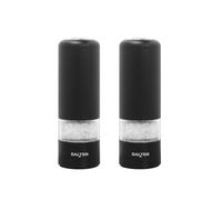 Salter Clarence Electric Salt and Pepper Mill Set, Push Button, Black | Ceramic grinding mechanism, adjustable coarseness, one-handed operation, ribbed grip design, battery powered, set of 2