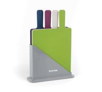 Salter Colour Coded Plastic Chopping Board Set, 4 Pack with Stand | Reversible Boards, Index Food Logos, Non-Slip Base, Paddle Handles, Dishwasher Safe, 19 x 23 cm Each
