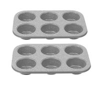 Salter COMBO-5357 Non-Stick 6 Cup Muffin Baking Tray, Set of 2, Bakeware Mould for Cupcakes, Yorkshire Puddings, Brownies, Carbon Steel Ovenware, PFOA Free, Easy to Clean, Marblestone, Grey
