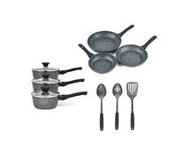 Salter COMBO-7549A Megastone Collection 3-Piece Fry Pan Set, 3-Piece Saucepan Set and 3-Piece Utensil Set, 100% PFOA Free, Perfect for Family Cooking & Students