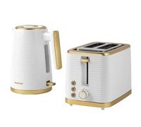Salter COMBO-7996 Palermo Kettle and Toaster Set - Fast Boil 1.7 L Kettle and 2 Slice Electric Wide Slot Toaster, Water Level Indicator, 7 Browning Levels, Removable Crumb Tray, 3kW/930W, White/Gold