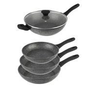 Salter COMBO-8273A Frying Pan & Wok Set, Non-Stick Forged Aluminium Cooking Pans, Induction Suitable, Corrosion-Resistant, Dishwasher/Metal Utensil Safe, Soft-Touch Handle, Megastone, Silver/Black