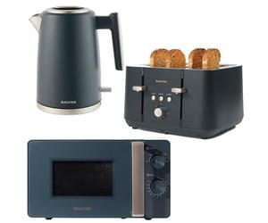 Salter COMBO-8687 Marino Kettle Toaster Microwave Set - Matching Blue Kitchen Countertop Breakfast Set, Rapid Boil 1.7L 3kW Kettle, 4-Slice Anti-Jamming Toaster, 20L 800W Manual Dial Microwave