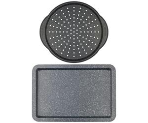 Salter COMBO-9142 Megastone Baking Tray & Pizza Pan Set - Non-Stick Oven Pans, Flat Cookie Sheet, Perforated Crisper Chip Tray with Handles, Carbon Steel, Easy Clean, PFOA-Free, Oven Safe Up to 220°C