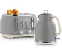 Salter COMBO-9191 Retro Kettle & Toaster Set - 1.7L Fast Boil Kettle With Removable Limescale Filter, 4-Slice Wide Slot Toaster for Thick Bread, High Lift Eject, Blue Indicator Lights, 3kW/1630W, Grey