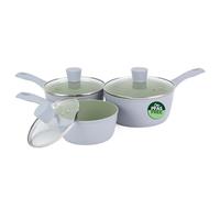 Salter Earth Saucepan Set, 3 Piece, 16/18/20 Cm, Aluminium, Green | Ceramic Non-Stick Coating, PFAS-Free Coating, Induction Suitable, Tempered Glass Lids With Steam Vents, Soft-Touch Handles
