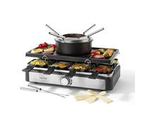 Salter EK4513 Electric 2 in 1 Raclette Grill & Fondue Set, 1400 W, 1.3 L Pot, 8 Non-Stick Pans & Wooden Spatulas, 6 Fondue Forks, Adjustable Temperat