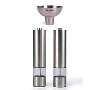 Salter Electric Salt & Pepper Grinder Set & Refill Funnel - Stainless Steel Mills & Funnel, Push Button Operation, Battery Powered, Ceramic Mechanism, Adjustable Fine to Coarse Grind, Easy Refill