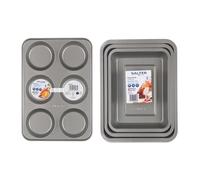Salter Essentials Yorkshire Pudding & 3-Piece Roasting Tray Set - 6 Cup Muffin/Pudding Tin, 31/35/39cm Stackable Roasters, Non-Stick, PFOA-Free, Dishwasher Safe, Durable Oven Trays