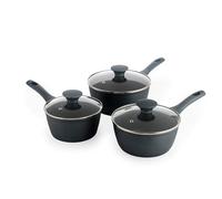 Salter Excellence 3-Piece Saucepan Set - Non-Stick Coating, Tempered Glass Lids, Forged Aluminium, Induction Suitable, Thermo Collar, Turns Red at Optimum Temperature, Heat-Resistant Exterior