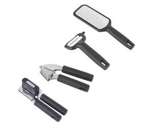 Salter Expert Kitchen Tool Set - Grater, Garlic Press, Y Peeler & Can Opener with Soft-Grip Handles, Sharp Stainless-Steel Blades, Durable & Dishwasher Safe for Cooking & Food Prep