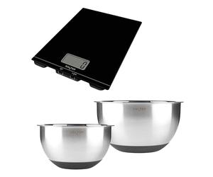 Salter Expert Mixing Bowl & Digital Kitchen Scale Set - 2 Stainless Steel Bowls (20cm & 24cm) with Non-Slip Base, 5kg Electronic Platform Scale with Add & Weigh Function