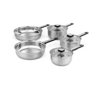 Salter Expert Pan Set 5 Piece, Stainless Steel, Induction Suitable | 24cm and 28cm Frying Pans, 16cm 18cm 20cm Saucepans, Tempered Glass Lids, Steam Vents, Cool Touch Handles, PFAS-Free