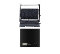 Salter Health Grill & Scale Set - Panini Maker with Non-Stick Plates, 850W, Opens out to 180° for Dual Cooking, Arc Digital Kitchen Scale, 3kg Capacity, Tare Function, Compact, Batteries Included