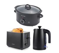 Salter Kuro 3-Piece Kitchen Set - 1.7L Rapid Boil Kettle, 2-Slice Toaster with 7 Browning Levels, 3.5L Slow Cooker with Keep Warm Function, Dishwasher Safe Pot, Modern Matte Black Finish