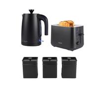 Salter Kuro Black Kitchen Set - 2-Slice Toaster with 7 Browning Levels & Wide Slots, 1.7L 3000W Rapid Boil Kettle with Auto Shut-Off, Tea/Coffee/Sugar Canisters with Easy-Open Lids