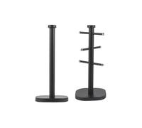Salter Kuro Kitchen Roll Holder & Mug Tree Set - Freestanding 15 x 34cm Paper Towel Holder for Countertops, Sturdy Carbon Steel Mug Stand with 6 Branch Display, Worktop Storage Racks, Black