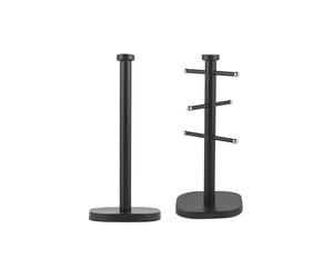 Salter Kuro Kitchen Roll Holder & Mug Tree Set - Freestanding 15 x 34cm Paper Towel Holder for Countertops, Sturdy Carbon Steel Mug Stand with 6 Branch Display, Worktop Storage Racks, Black