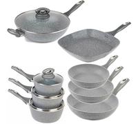 Salter COMBO-8572A 8 Piece Pan Set - Non-Stick Induction Suitable, 16/18/20cm Saucepans, 20/24/28cm Frying Pans, Wok, Griddle Kitchen Pan, Healthier Cooking with Little Or No Oil, Marblestone, Grey