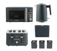 Salter Marino 4-Piece Kitchen Set - 1.7L Fast Boil Kettle, 4 Slice Toaster, 20L Digital Microwave & Bread Bin with 3 Storage Canisters, Blue Grey Countertop Set